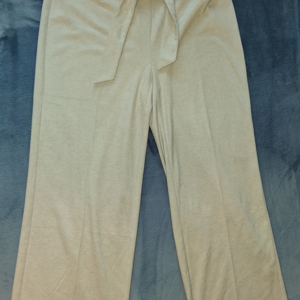 Carole Wren XL Beige Wide Leg Knit Pants High Rise Tie Waist Stretch Ankle